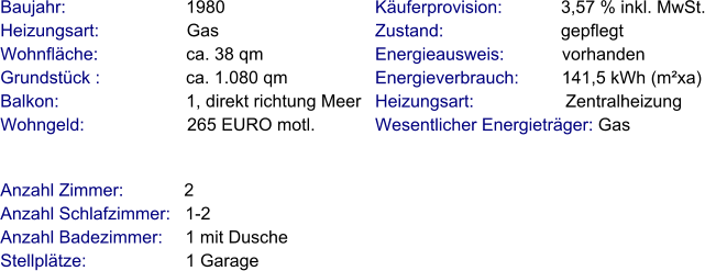 Anzahl Zimmer:            2 Anzahl Schlafzimmer:   1-2  Anzahl Badezimmer:     1 mit Dusche   Stellplätze:                     1 Garage Baujahr:                         1980  Heizungsart:                  Gas Wohnfläche:                  ca. 38 qm Grundstück :                 ca. 1.080 qm Balkon:                          1, direkt richtung Meer Wohngeld:                     265 EURO motl.   Käuferprovision:            3,57 % inkl. MwSt. Zustand:                        gepflegt Energieausweis:            vorhanden Energieverbrauch:         141,5 kWh (m²xa) Heizungsart:                   Zentralheizung Wesentlicher Energieträger: Gas